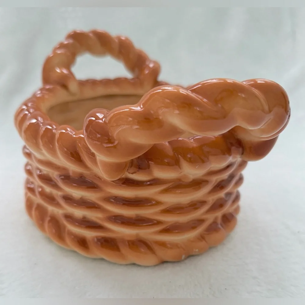Vintage Ceramic Faux Woven Bread Basket Planter Fruit Wicker Look Decorative